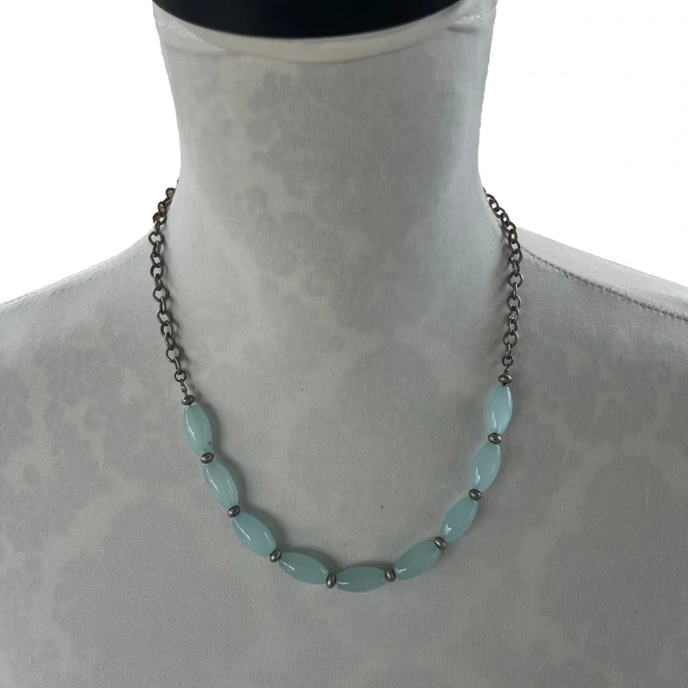 Aqua Blue Glass Beaded Necklace with Silver Accents and Pewter Tone Chain